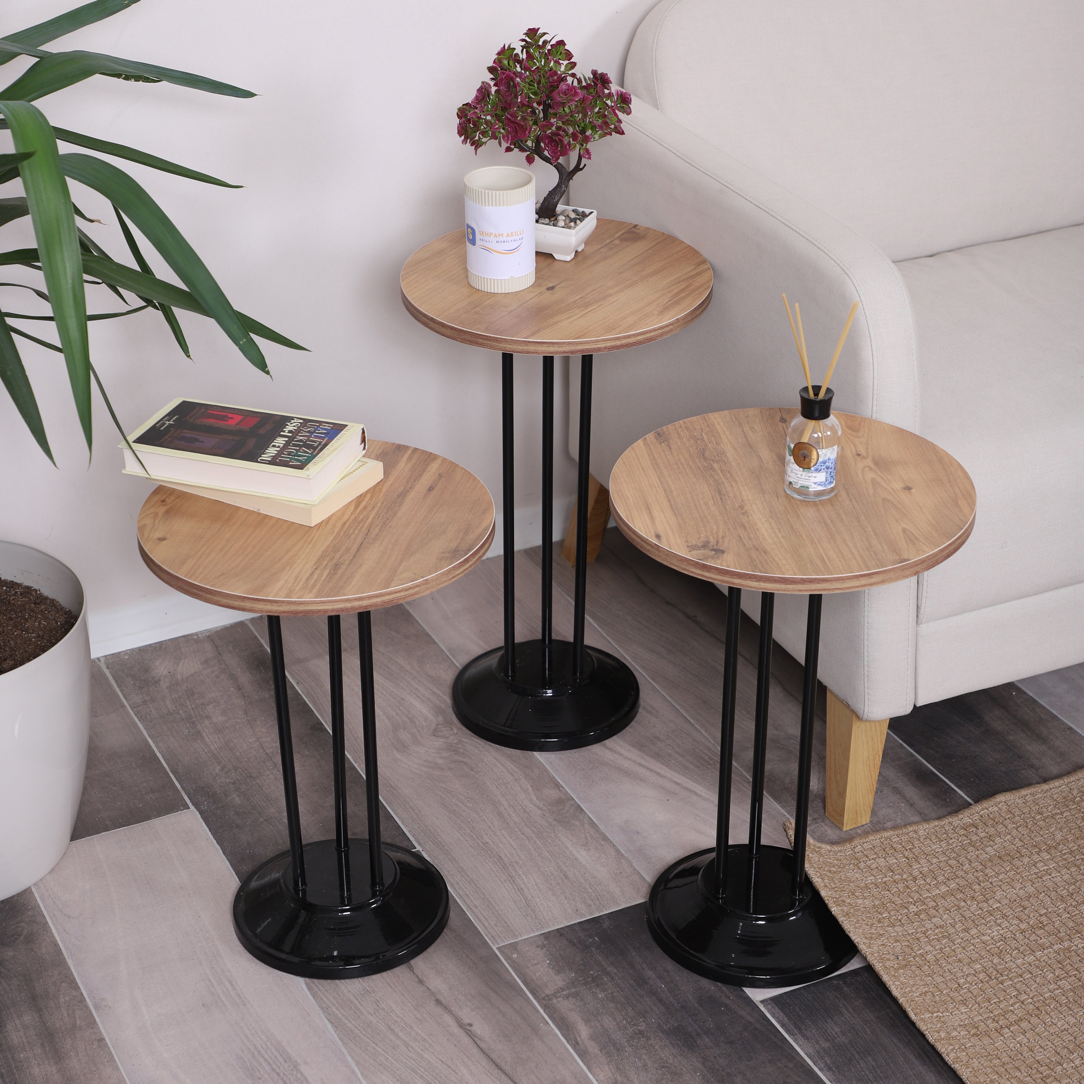 Marbella Nesting Table Series - Efescam MDF Top, Black Iron Mechanism