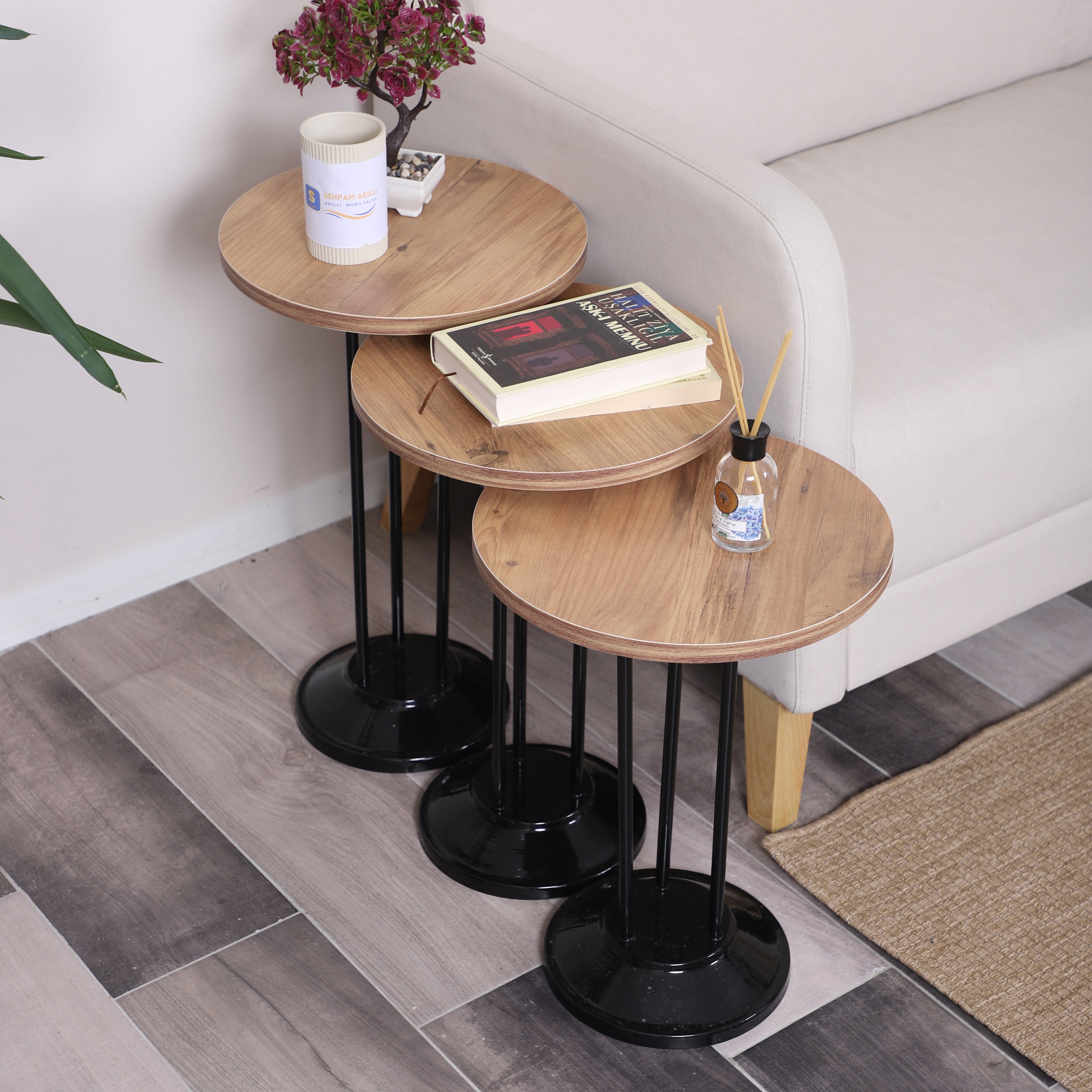 Marbella Nesting Table Series - Efescam MDF Top, Black Iron Mechanism