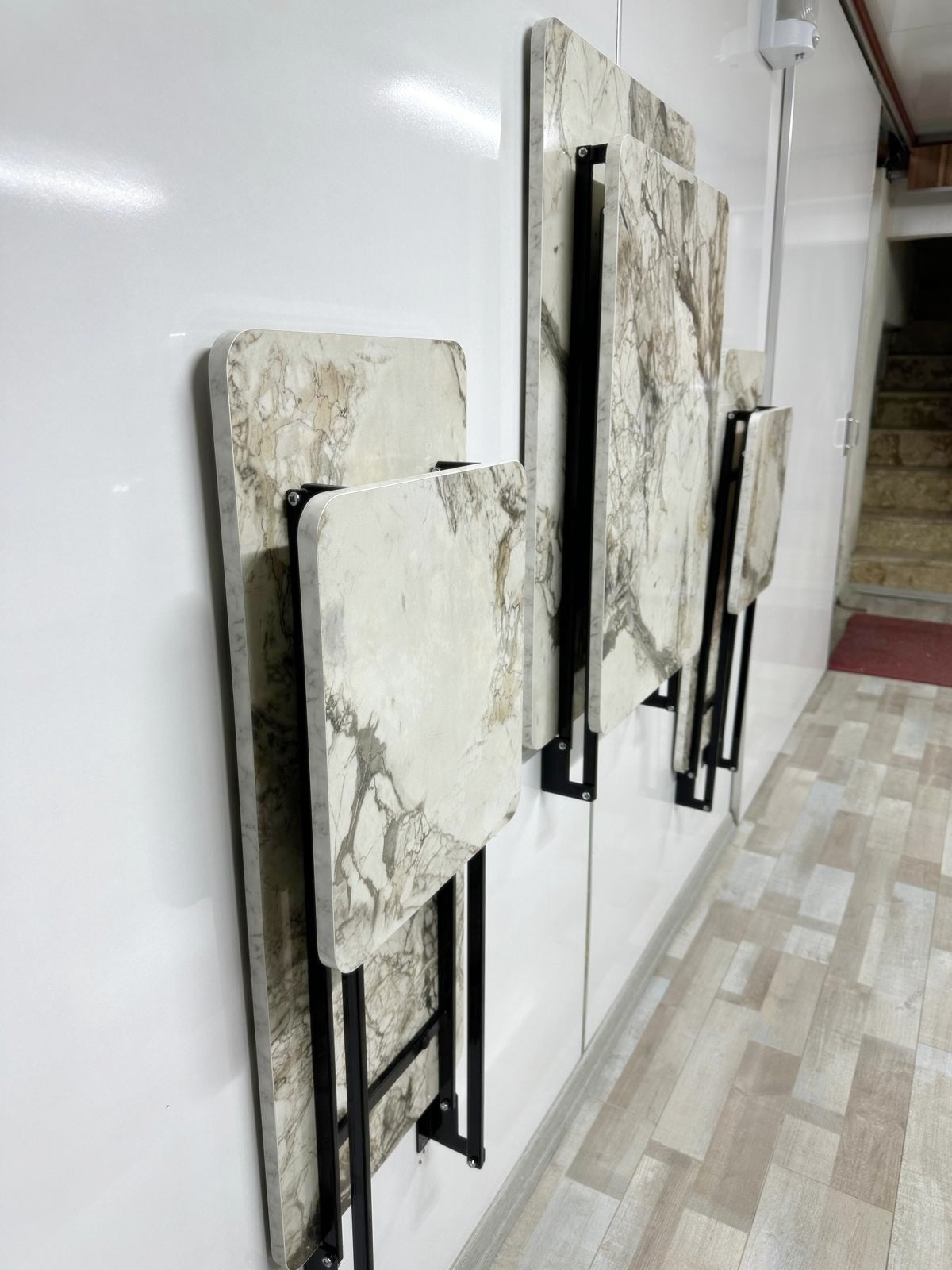 Shelf Table with Stools Series - White Marble MDF Top, Iron Mechanism