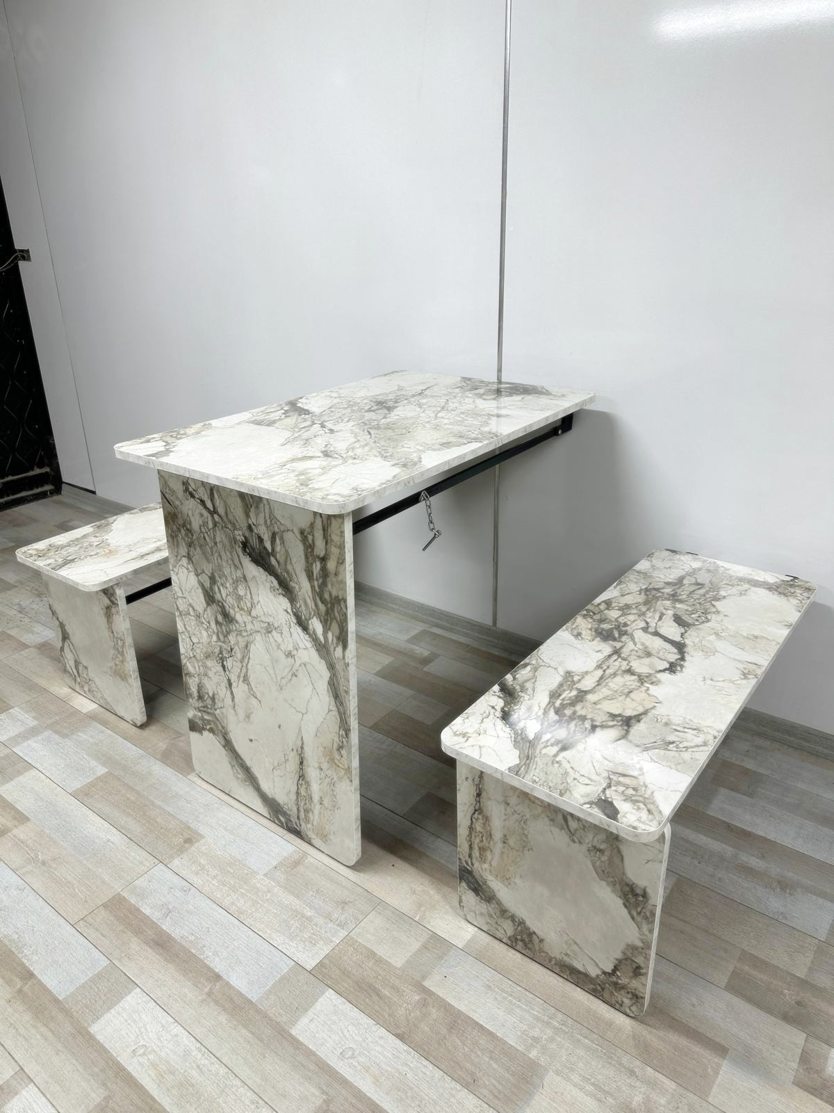 Shelf Table with Stools Series - White Marble MDF Top, Iron Mechanism