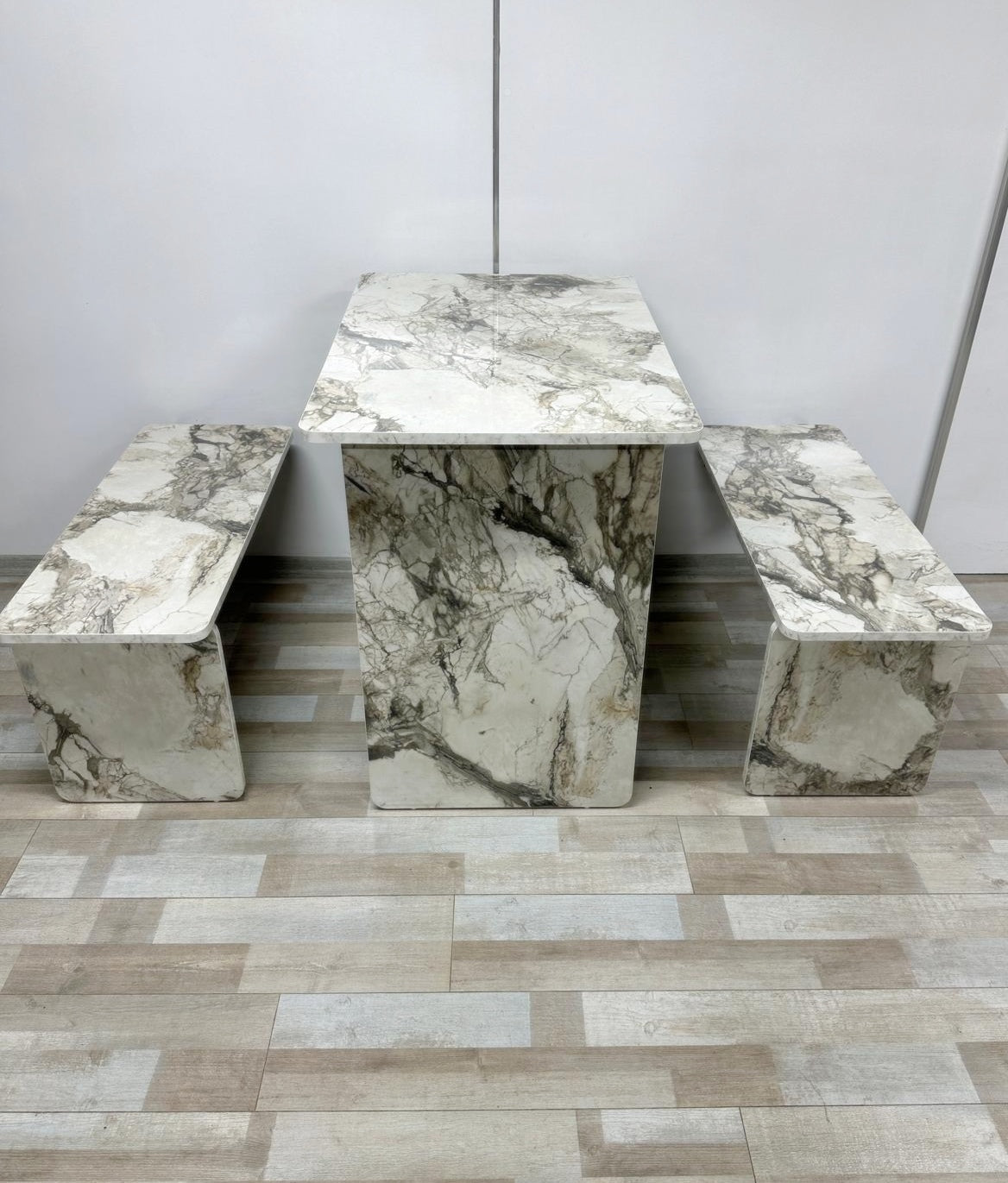 Shelf Table with Stools Series - White Marble MDF Top, Iron Mechanism