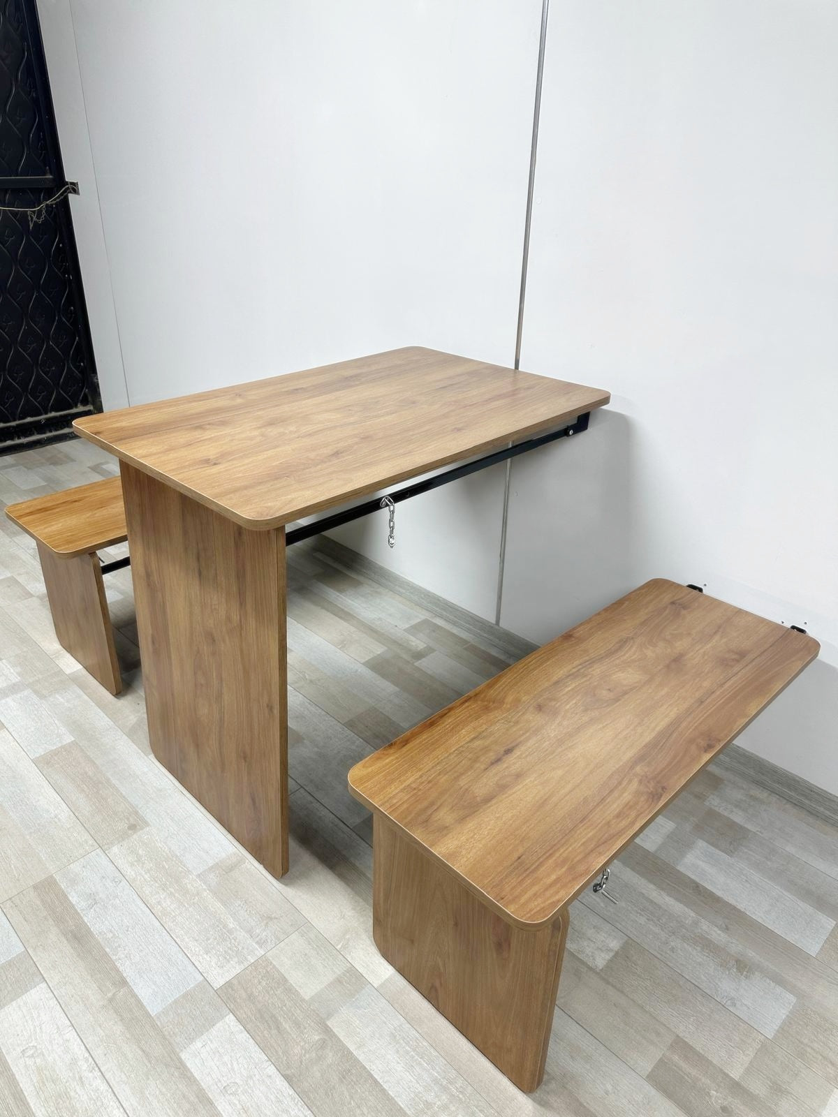 Shelf Table with Stools Series - Walnut MDF Top, Black Iron Mechanism